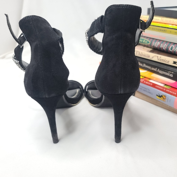 Kenneth Cole Black Suede Rhinestone Ankle Strap 4.75 inch High Heels Size 8 - Picture 8 of 14